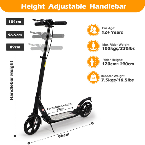 (Black) Adult Kick Scooter with Double Shock Absorption 1