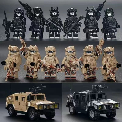 (Style G 12pcs+2jeep) 12pcs Military Soldiers Black SWAT Jeeps Minifigures Toys Fit Lego