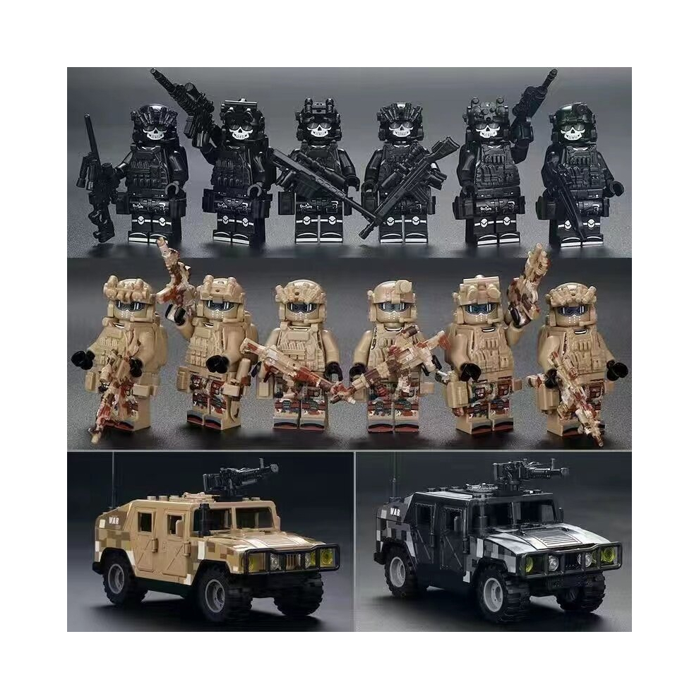 (Style G 12pcs+2jeep) 12pcs Military Soldiers Black SWAT Jeeps Minifigures Toys Fit Lego