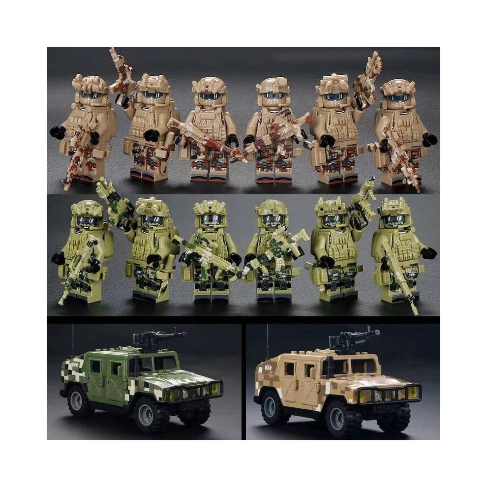 (Style F 12pcs+2jeep) 12pcs Military Soldiers Black SWAT Jeeps Minifigures Toys Fit Lego