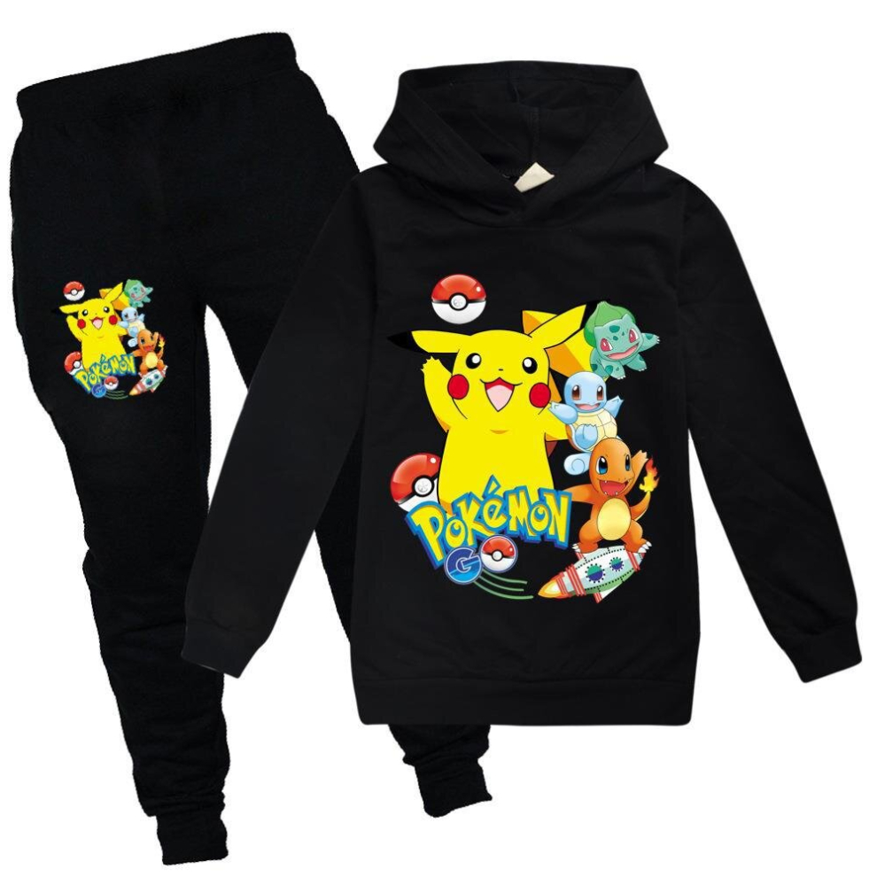 (Black, 15-16Y/170CM) Boys Girls Pikachu Hoodie Sweatshirt + Casual Pants Set