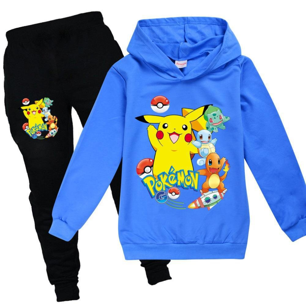 (Dark Blue, 9-10Y/140CM) Boys Girls Pikachu Hoodie Sweatshirt + Casual Pants Set