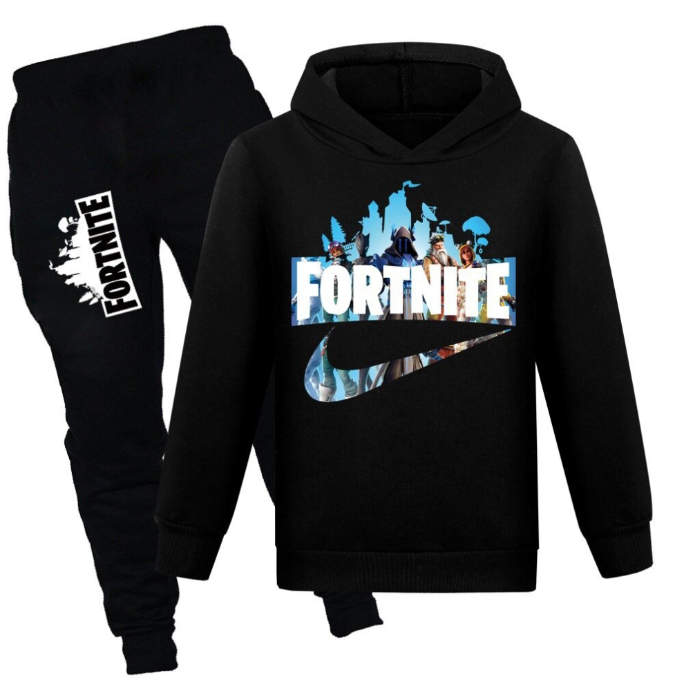 (Black, 15-16Y/170CM) fortnite new children's clothing trend boys and girls sweatshirt + casual pants set