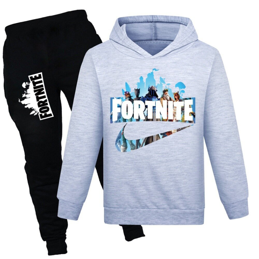 (Gray, 9-10Y/140CM) fortnite new children's clothing trend boys and girls sweatshirt + casual pants set