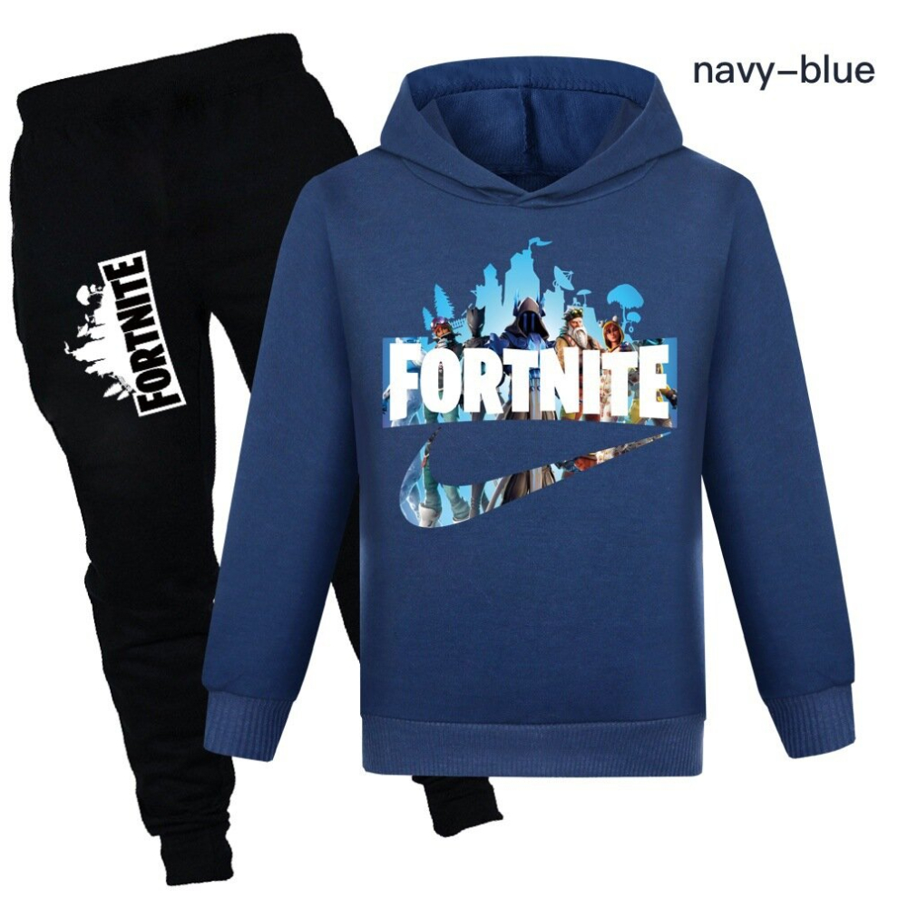 (navy blue, 7-8Y/130CM) fortnite new children's clothing trend boys and girls sweatshirt + casual pants set