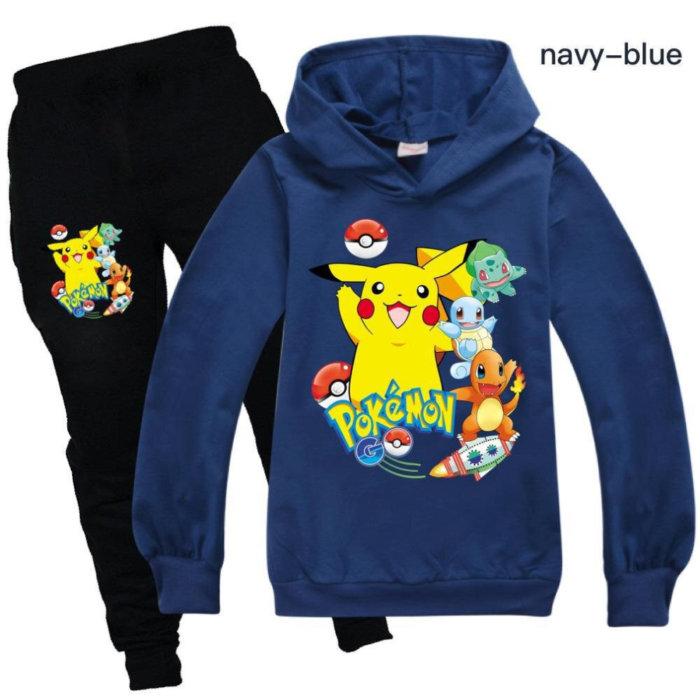 (navy blue, 11-12Y/150CM) Boys Girls Pikachu Hoodie Sweatshirt + Casual Pants Set