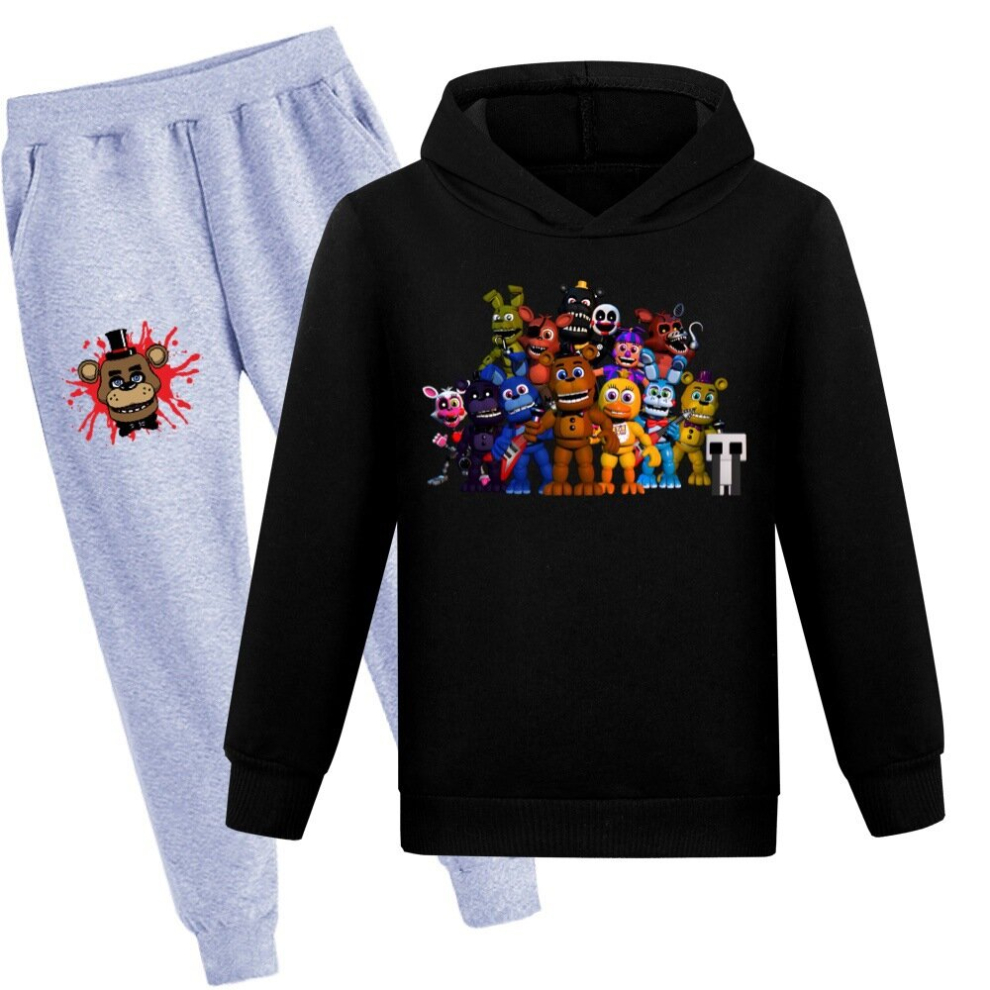 (Black + Gray Pants, 5-6Y/120CM) Boys & Girls Hooded Sweatshirt + Casual Pants Set freddy fazbear's pizza-image-OPC-PD7C297-NEW