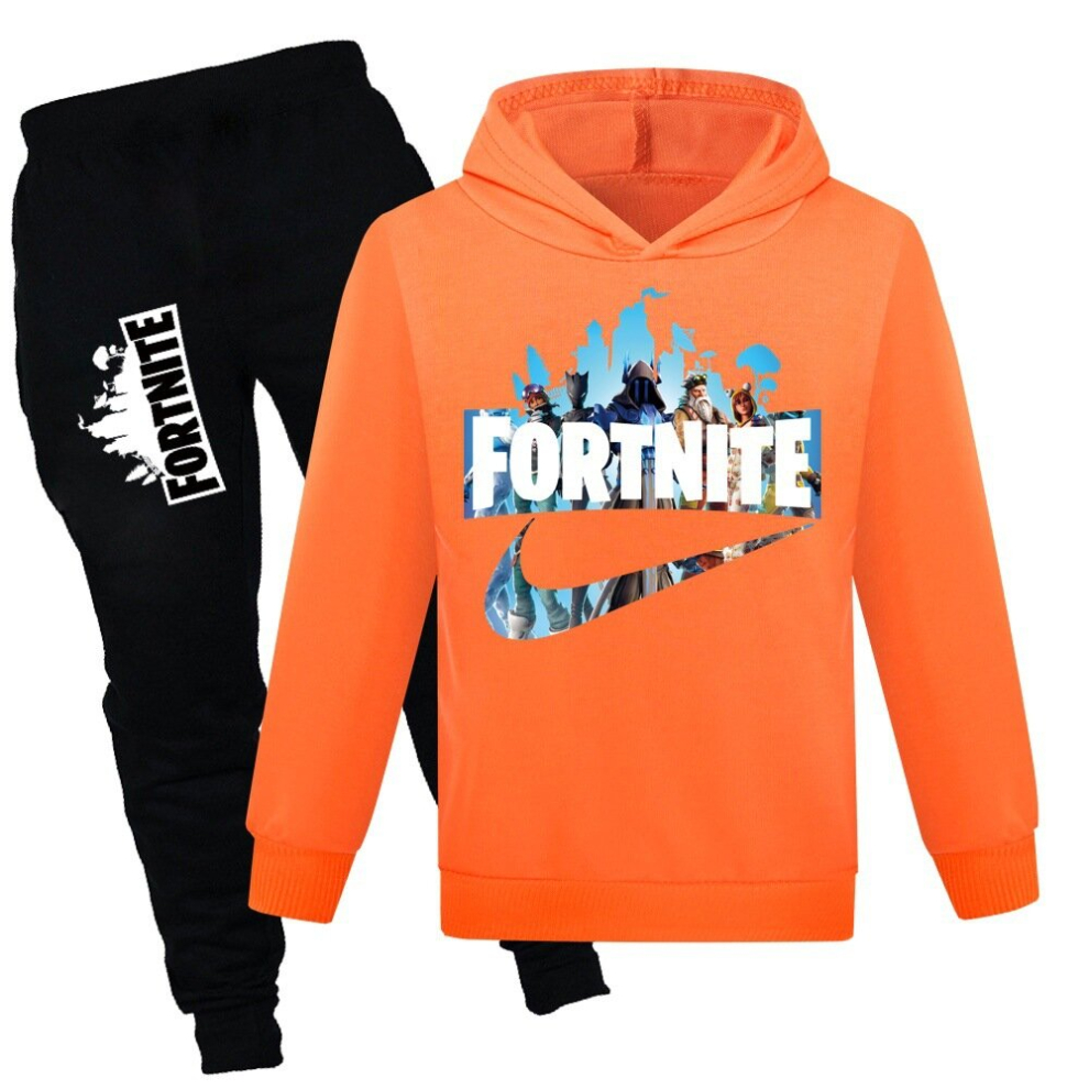 (Orange, 9-10Y/140CM) fortnite new children's clothing trend boys and girls sweatshirt + casual pants set