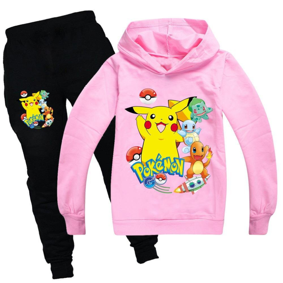 (Pink, 3-4Y/110CM) Boys Girls Pikachu Hoodie Sweatshirt + Casual Pants Set