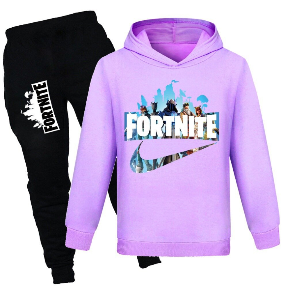 (Purple, 9-10Y/140CM) fortnite new children's clothing trend boys and girls sweatshirt + casual pants set