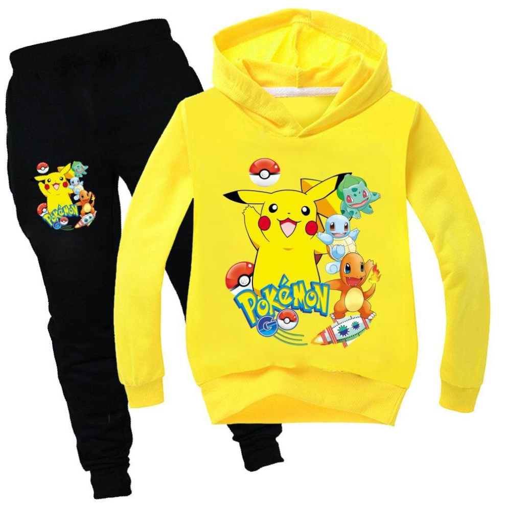 (Yellow, 5-6Y/120CM) Boys Girls Pikachu Hoodie Sweatshirt + Casual Pants Set