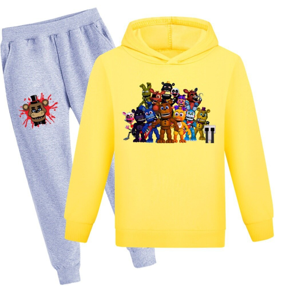 (Yellow + Gray Pants, 9-10Y/140CM) Boys & Girls Hooded Sweatshirt + Casual Pants Set freddy fazbear's pizza-image-OPC-PD7C2DY-NEW