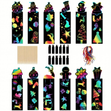 48pcs Christmas Scratch Painting Kit Scratching Bookmarks Wooden Pen And Ribbon Bookmarks
