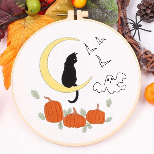 1pc Halloween Cat ghost bat witch pumpkin Embroidery DIY Material Kit