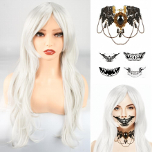 1 Piece Of Womens Halloween Long Curly Wig With Necklaces And Skull Stickers Suitable For Role playing Daily Wear Parties Christmas Halloween Thanksg