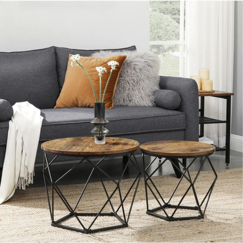 2 x Set Of Round Industrial Look Rustic End Nesting Side End Tables Stools With Crystal shape Metal Frame 2