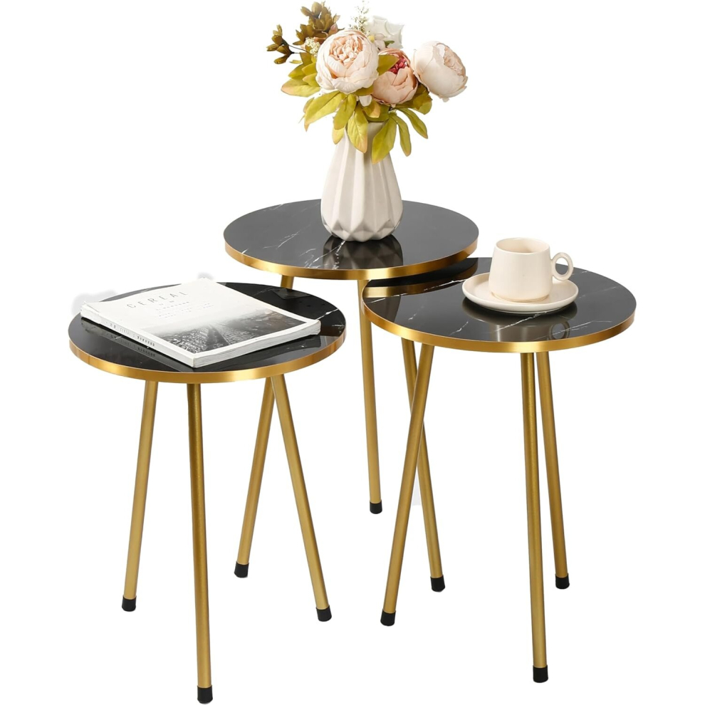 (Black) Set Of 3 Modern Chic Round Wood/Metal Nesting End Stacking Coffee Bedside Tables In 3 Colours