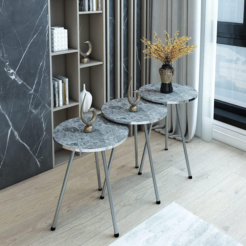 (Grey) Set Of 3 Modern Chic Round Wood/Metal Nesting End Stacking Coffee Bedside Tables In 3 Colours