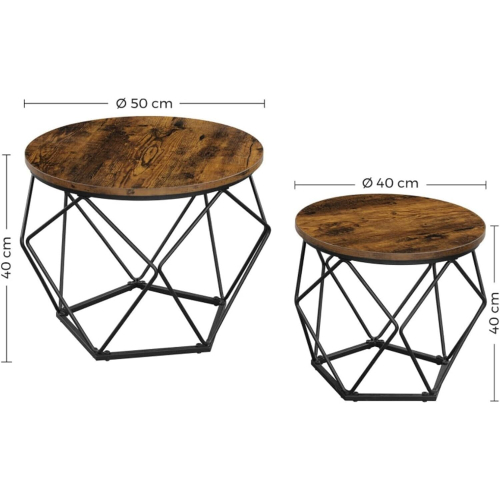 2 x Set Of Round Industrial Look Rustic End Nesting Side End Tables Stools With Crystal shape Metal Frame 1