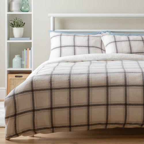 Argos Home Checked Grid Fleece Cream Bedding Set - Single 1