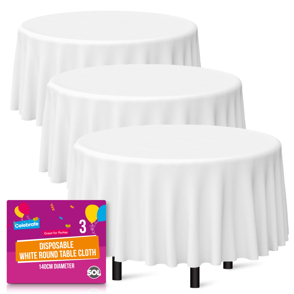 Sol 3 Plastic Table Covers Round Tablecloth Disposable Party Cloth White