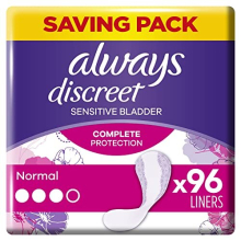 Discreet Incontinence Liners Women, Normal, 96 Liners (24 x 4 Packs), Odour Neutraliser, For Sensitive Bladder
