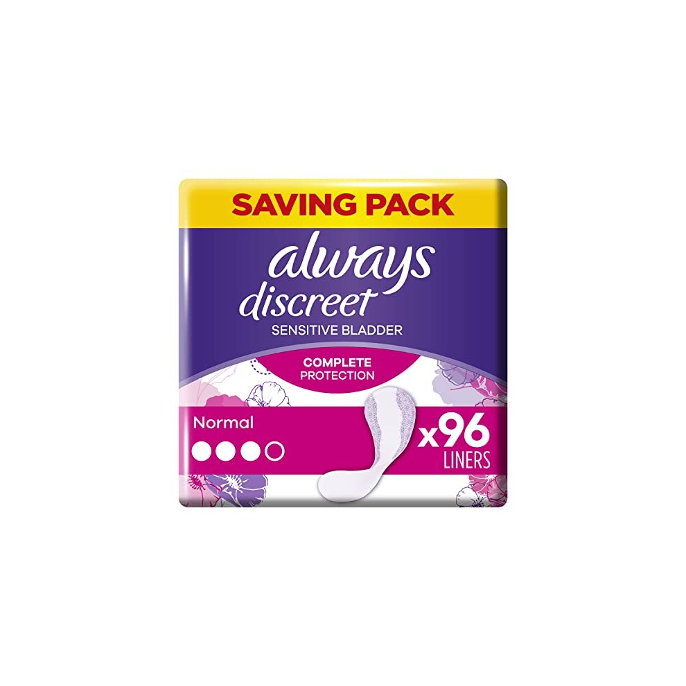 Discreet Incontinence Liners Women, Normal, 96 Liners (24 x 4 Packs), Odour Neutraliser, For Sensitive Bladder