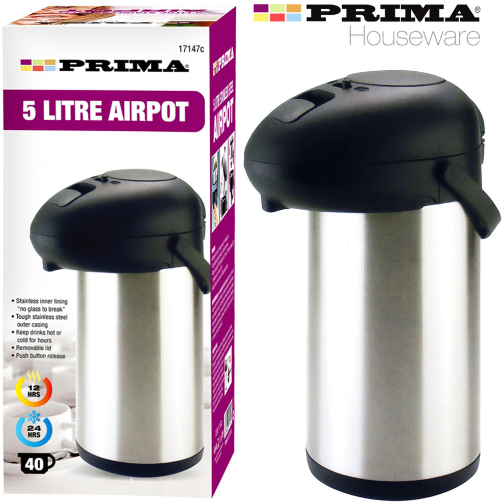 Taurus-Web-Tech 5L Stainless Steel Airpot Hot & Cold Drinks Tea Coffee Vacuum Flask Uk