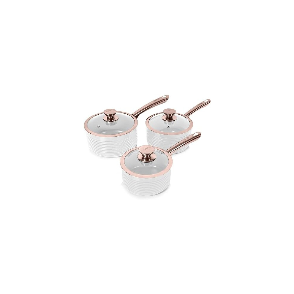 T800001RW Linear Induction Saucepans Set With Lids, Non Stick Cerasure Coating, White And Rose Gold, 3 Piece, 16/18/20 cm, Aluminium