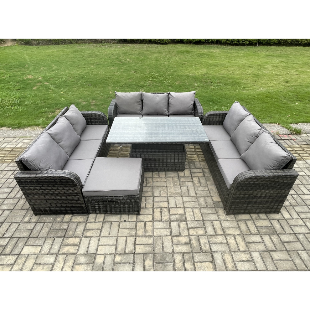 Fimous Patio Garden Dining Set Outdoor Rattan Furniture Lounge Sofa Height Adjustable Rising Lifting Table With Big Footstool