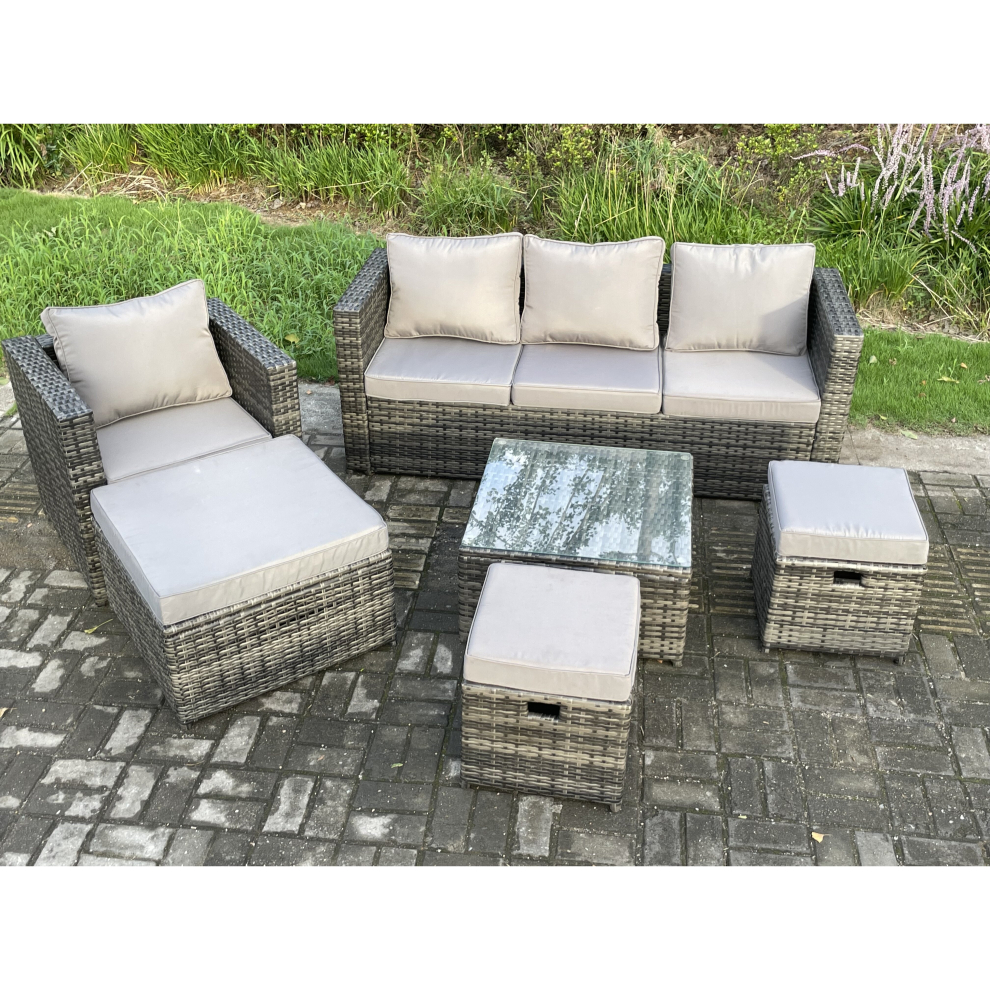 Fimous 6 Pcs Outdoor Lounge Sofa Set Wicker Pe Rattan Garden Furniture Set With Armchair Squar Coffee Table 3 Small Footstools Dark Grey Mixed