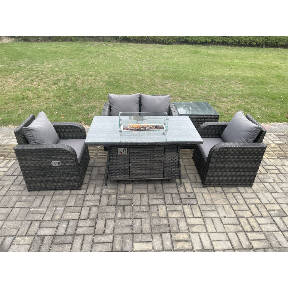 Fimous Rattan Outdoor Garden Furniture Set Gas Fire Pit Dining Table with Side Table Chair Loveseat Sofa