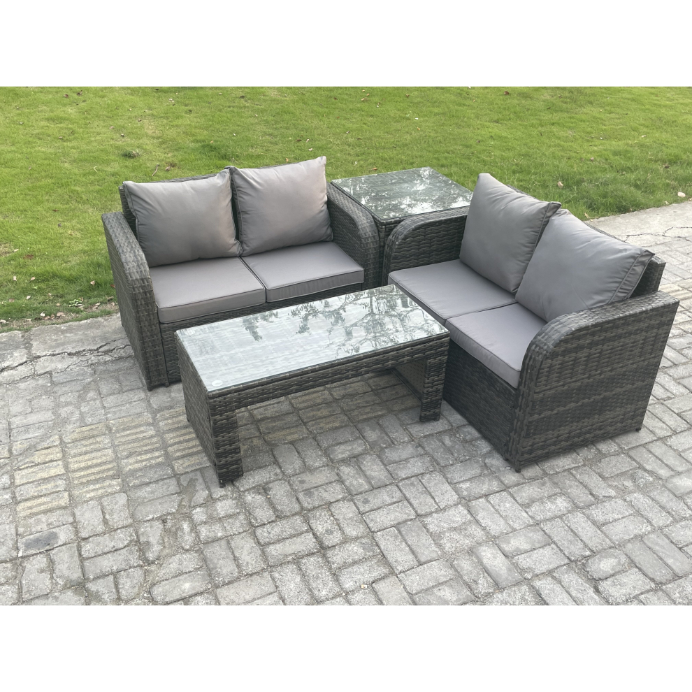 Fimous High Back Rattan Garden Furniture Set With Loveseat Sofa Rectangular Coffee Table Indoor Outdoor Patio Lounge Sofa Set Dark Grey Mixed
