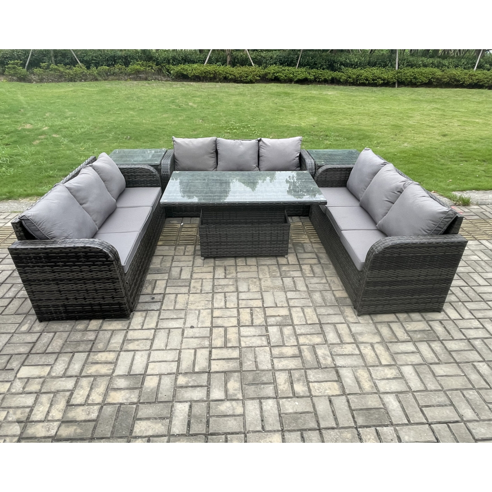 Fimous Patio Garden Dining Set Outdoor Rattan Furniture Lounge Sofa Height Adjustable Rising lifting Table With 2 Side Tables Dark Grey Mixed