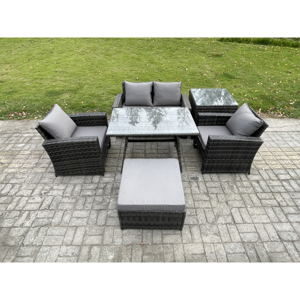 Fimous Outdoor Garden Furniture High Back Rattan Sofa Dining Table Set with Big Footstool Side Table Dark Grey Mixed