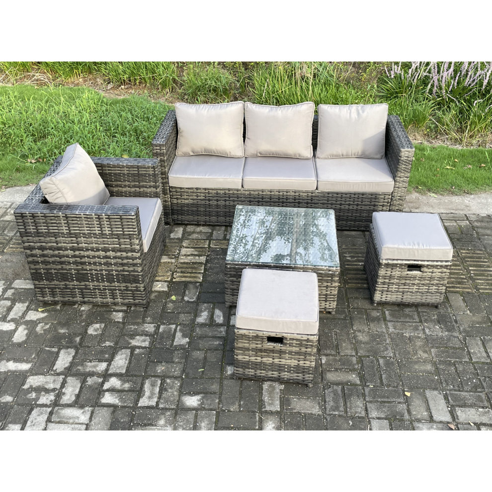Fimous 5 Pcs Outdoor Lounge Sofa Set Wicker Pe Rattan Garden Furniture Set With Armchair Squar Coffee Table 2 Small Footstools Dark Grey Mixed