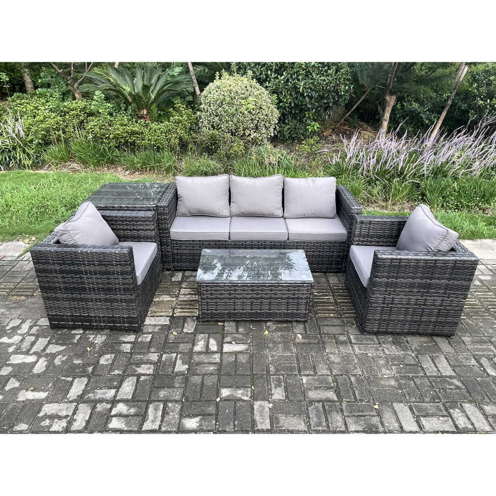Fimous Rattan Garden Furniture Set with 3 Seater Sofa Coffee Table Side Table 2 Armchairs Indoor Outdoor Patio Lounge Sofa Set Dark Grey Mixed