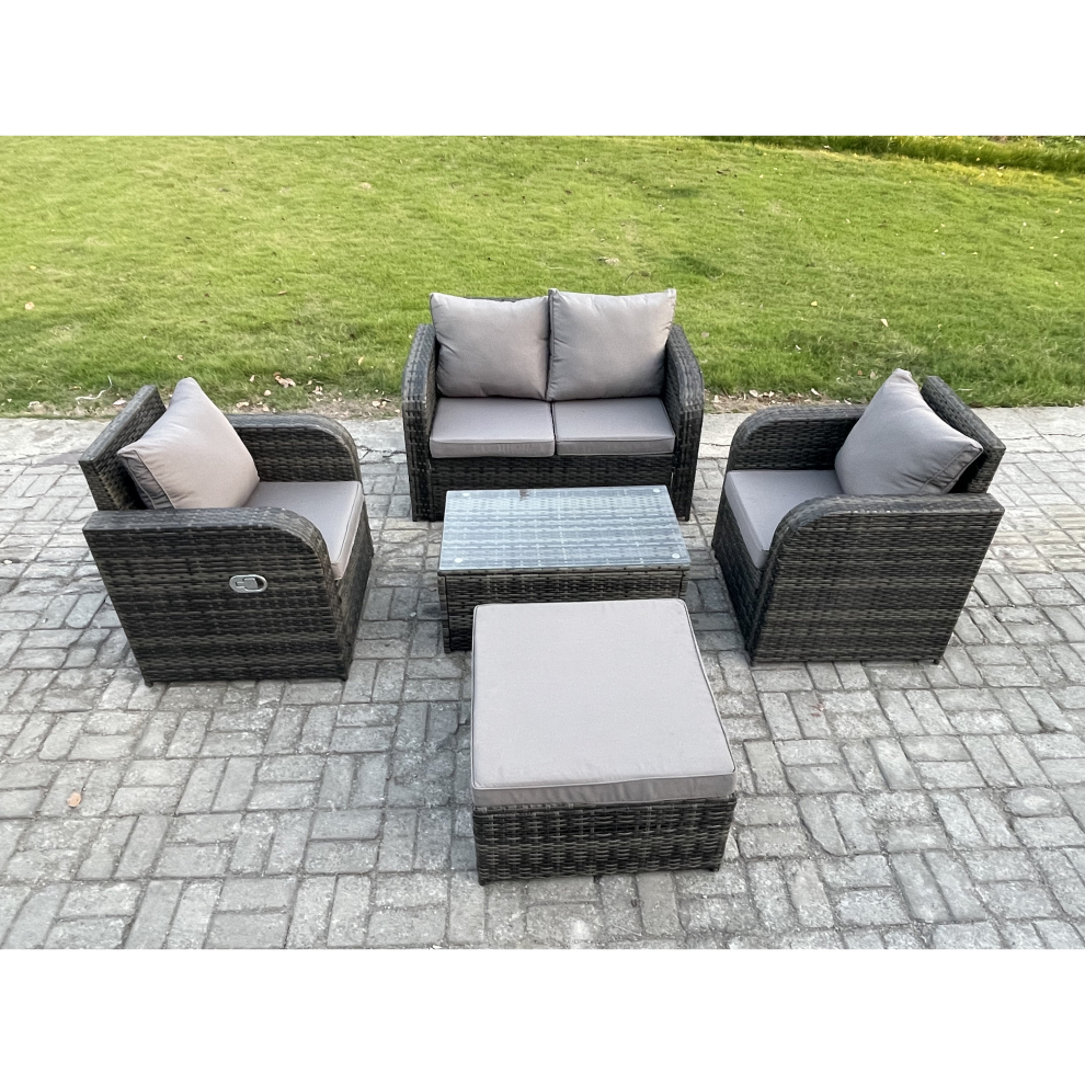 Fimous 5 PC Outdoor PE Rattan Garden Furniture Set Wicker Love Sofa Coffee Table 2 Armchair Big Footstool Dark Grey Mixed