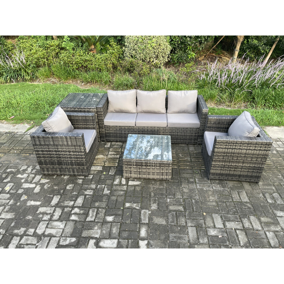 Fimous Outdoor Lounge Sofa Set Wicker Pe Rattan Garden Furniture Set With 2 Armchairs Side Table Squar Coffee Table Dark Grey Mixed