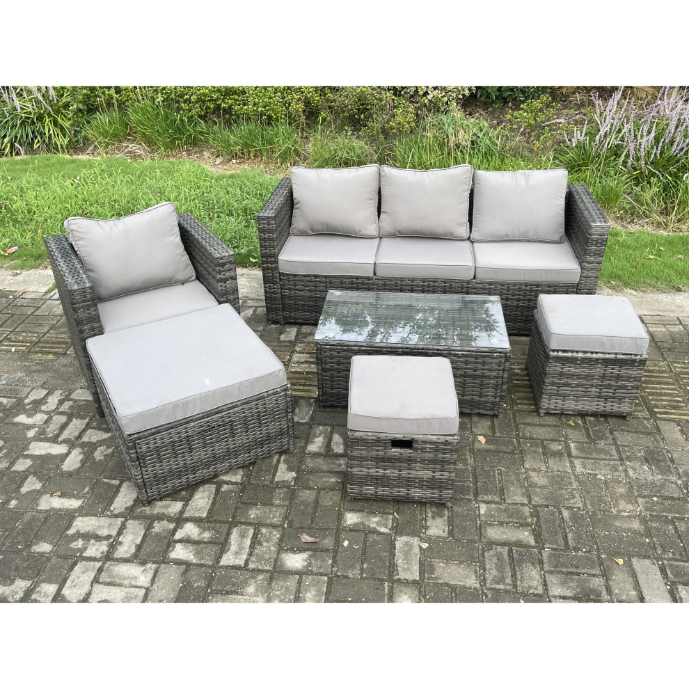 Fimous Rattan Garden Furniture Set with 3 Seater Sofa Coffee Table Armchair 3 Footstools Indoor Outdoor Patio Lounge Sofa Set Dark Grey Mixed