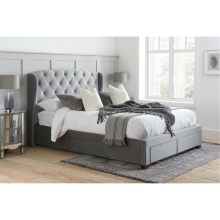 Double Storage Bed Grey Birlea Hope 4FT6 Frame 135cm Wingback Drawer Velvet