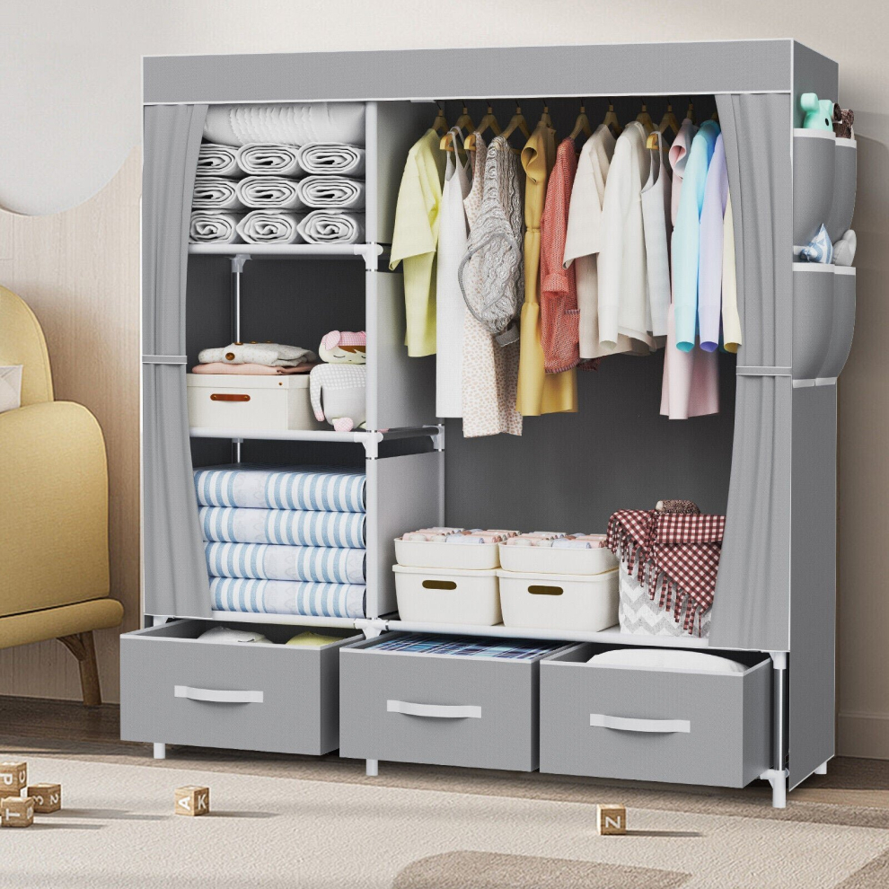 LOEFME Fabric Canvas Wardrobe 165Cm Closet W/ Hanging Rail 3 Storage Boxes Grey