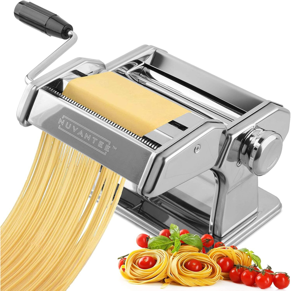 Pasta Maker Machine - Adjustable Crank Roller & Attachments - Manual Hand Press - Silver