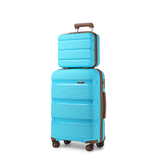 (Blue and Brown, 14+20 inch) 1 to 4 Piece PP Hard Shell 4 Spinner Wheels Lightweight Suitcase with TSA Lock