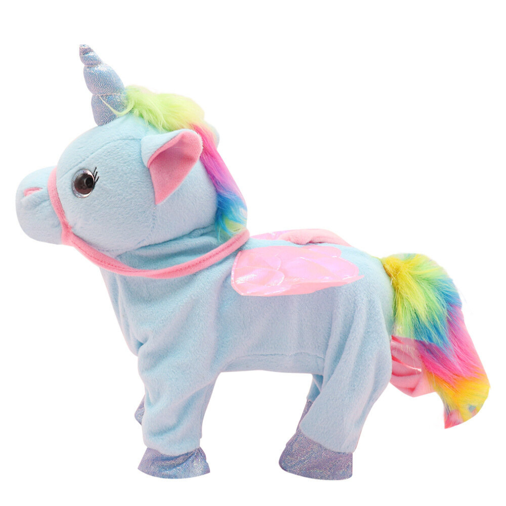 (35cm, Blue A style) Electric Walking Unicorn Plush Funny Toy Talking Toy Unicorn Singing Music Stuffed Toy For Children Kids Gift