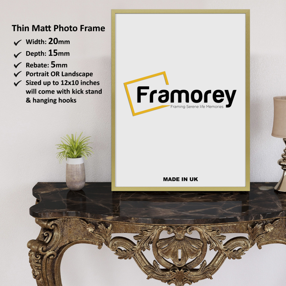 (12x8 Inch (DIN A4)) Thin Matt Gold Picture Frame / Wall Art Frames / Flat Wooden Effect Poster Frame