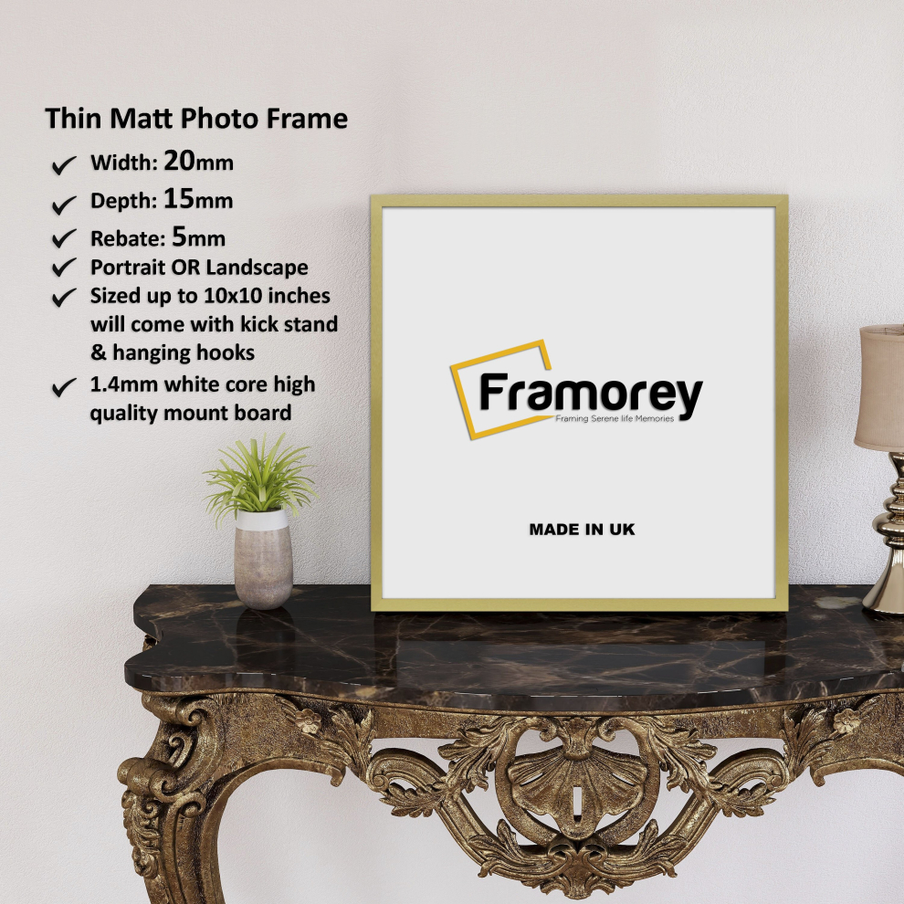 (Gold, 8x8 Inch) Square Size Thin Matt Gold Picture Frame Wall Art Frames Flat Wooden Effect Poster Frame