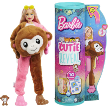 Barbie Cutie Reveal Fashionpuppe, Dschungel-Serie Affen-Plüschkostüm, 10 Überraschungen