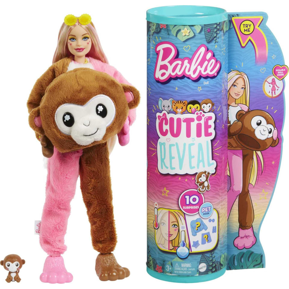 Barbie Dolls and Accessories, Cutie Reveal Doll with Monkey Plush Costume & 10 Surprises Including Color Change,