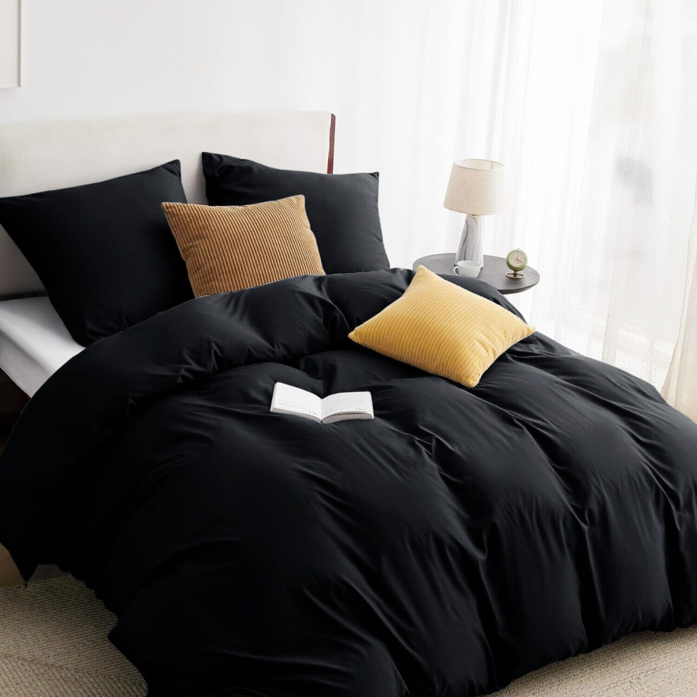 (Black, Double (200 x 200 cm)) Plain Duvet Quilt Cover 3PC Reversible Bedding Set